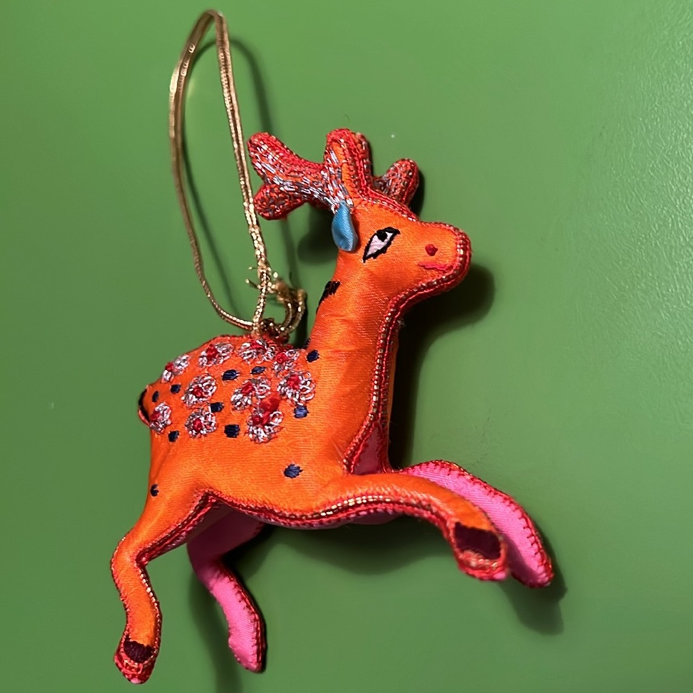 3” vintage China silk handmade reindeer deer  figure 70s 80s ornament embroidery